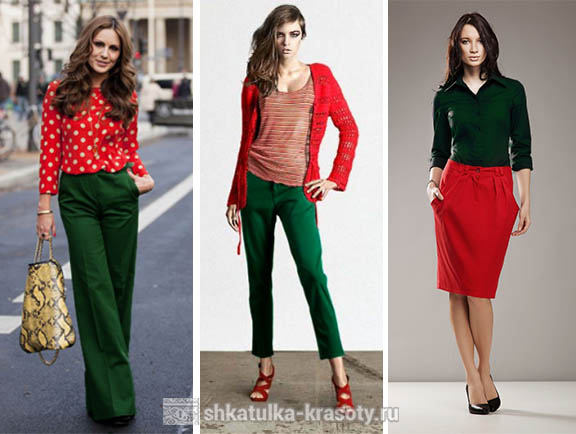Сочетание красного и зеленого в одежде у женщин